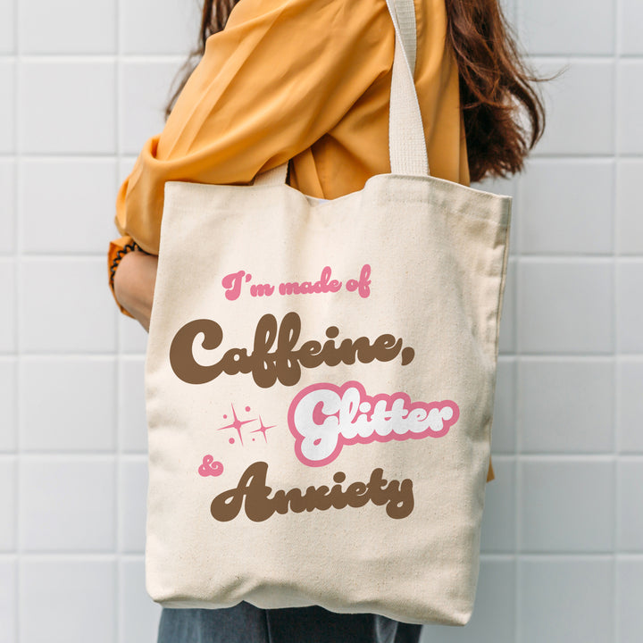 Caffeine Glitter and Anxiety cute canvas tote bag